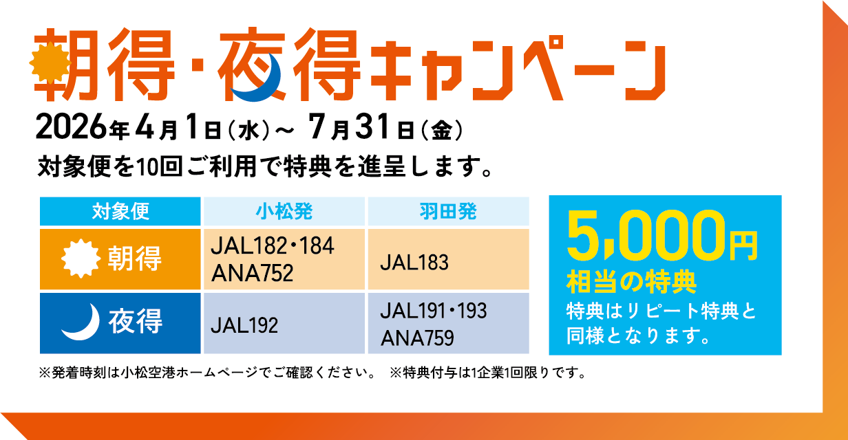 朝得・夜得キャンペーン 2026年4月1日(水)〜7月31日(金) 対象便を10回ご利用で特典を進呈します。